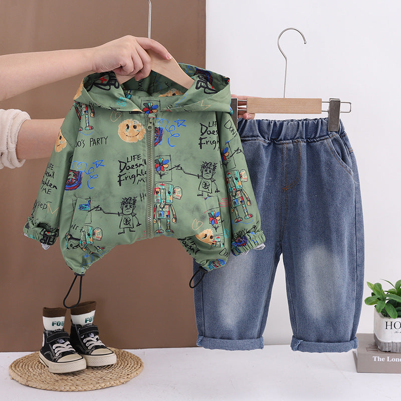 Children's sportswear baby spring hooded long sleeved two-piece set